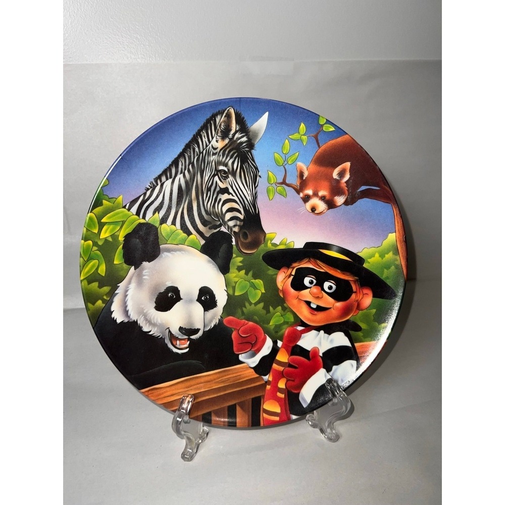 Vintage 1996 McDonald Hamburglar Zoo Animals Melamine Plate Panda Zebra Fun